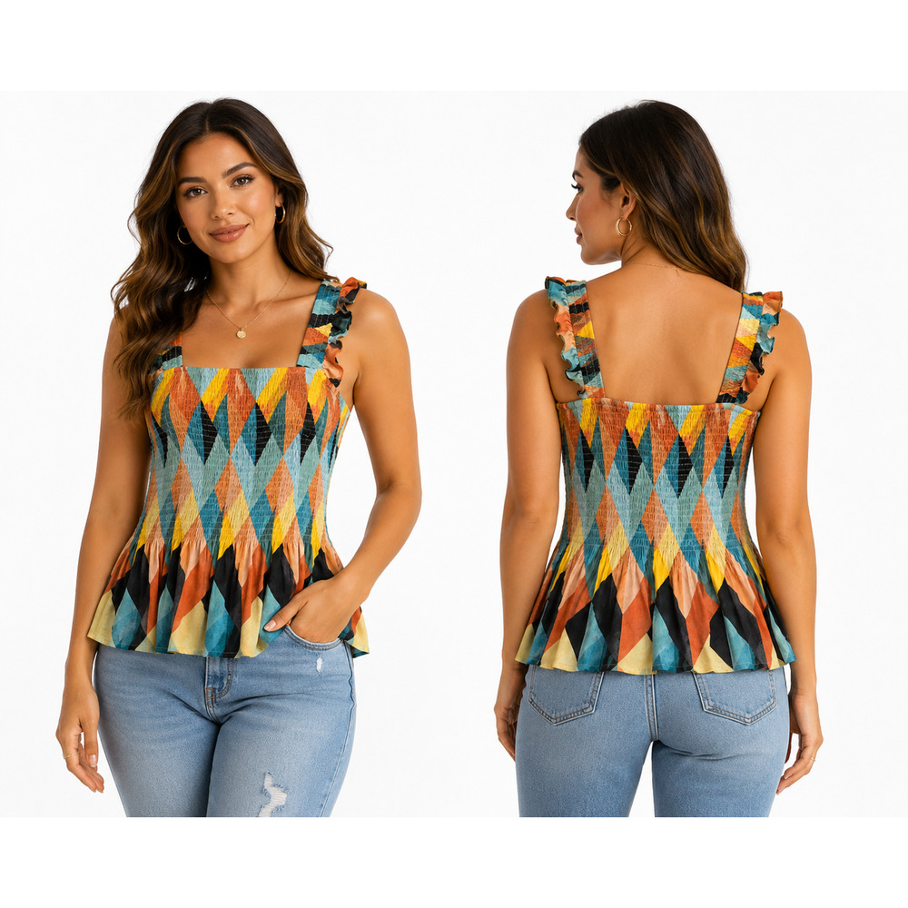 Torrid Square Neck Ruffled Smocked Peplum Green Tank Top Geometric Hipister 1X